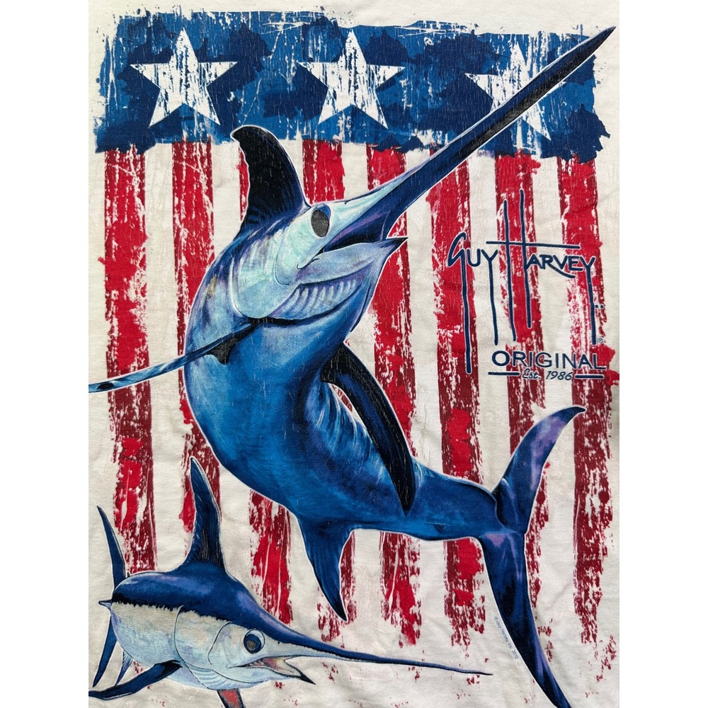 Guy Harvey Mens Marlin American Flag Long Sleeve Pocket‎ T-Shirt Cream Medium